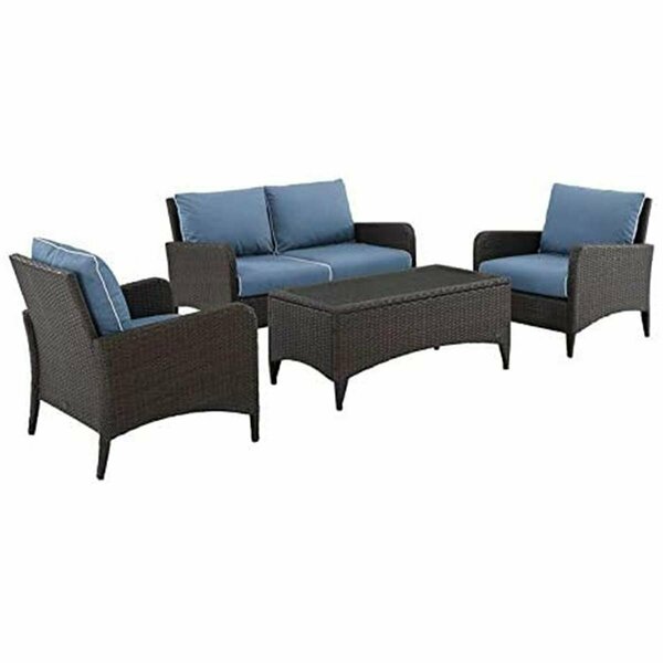 Crosley Brands Kiawah Wicker Conversation Set - Loveseat, 2 Arm Chairs & Coffee Table, Blue & Brown - 4 Piece KO70028BR-BL